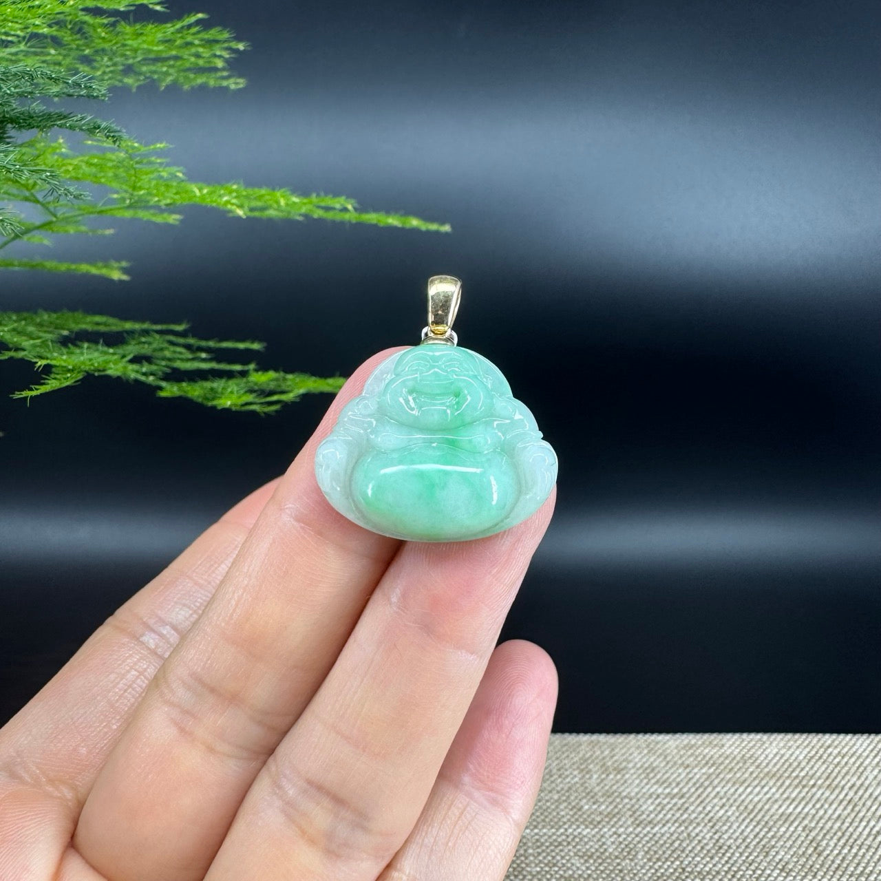 18K Yellow Gold Burmese Green Jadeite Jade Happy Buddha Pendant