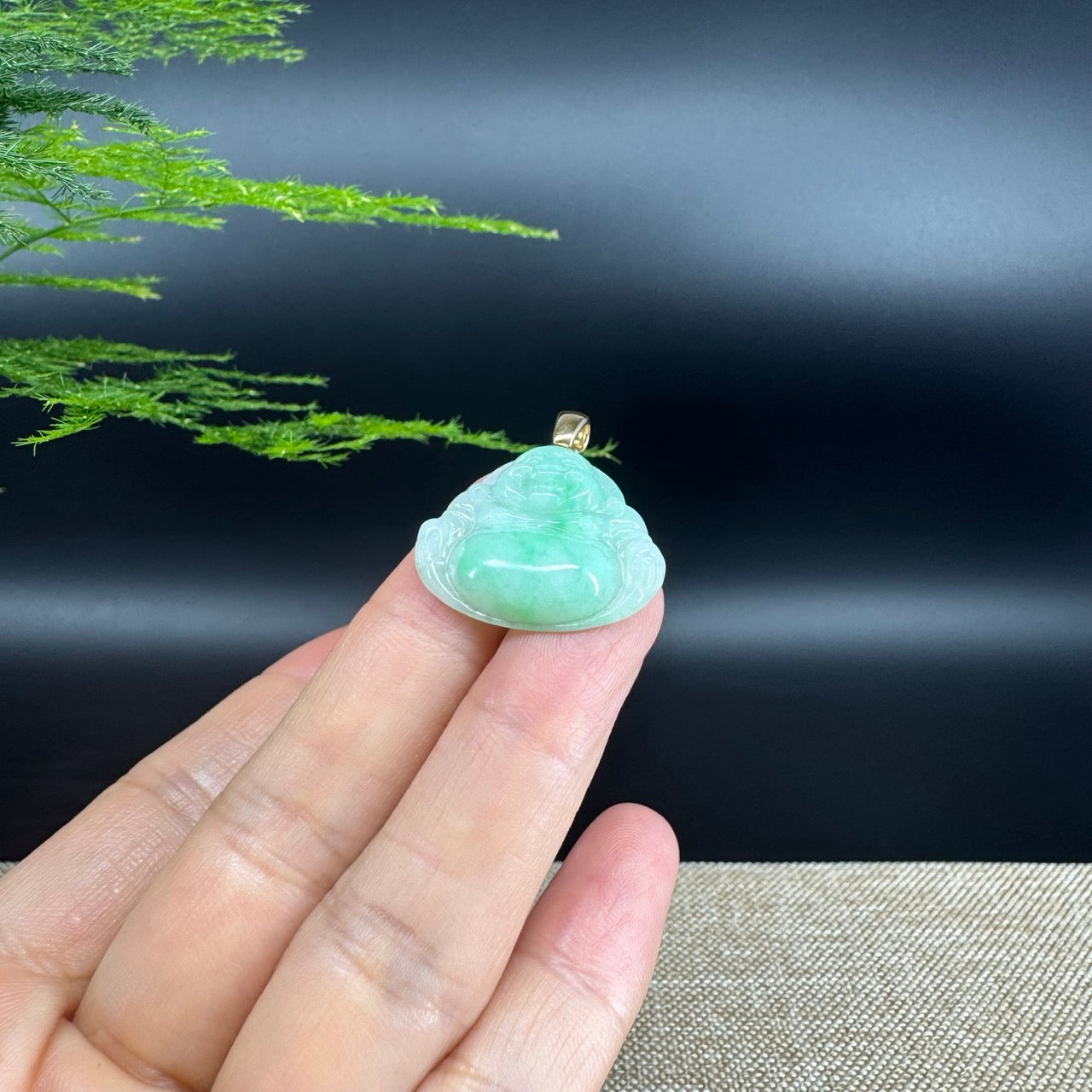 18K Yellow Gold Burmese Green Jadeite Jade Happy Buddha Pendant