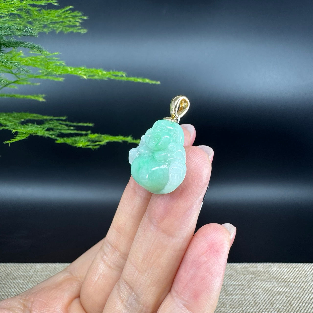 18K Yellow Gold Burmese Green Jadeite Jade Happy Buddha Pendant
