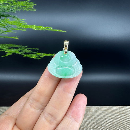 18K Yellow Gold Burmese Green Jadeite Jade Happy Buddha Pendant