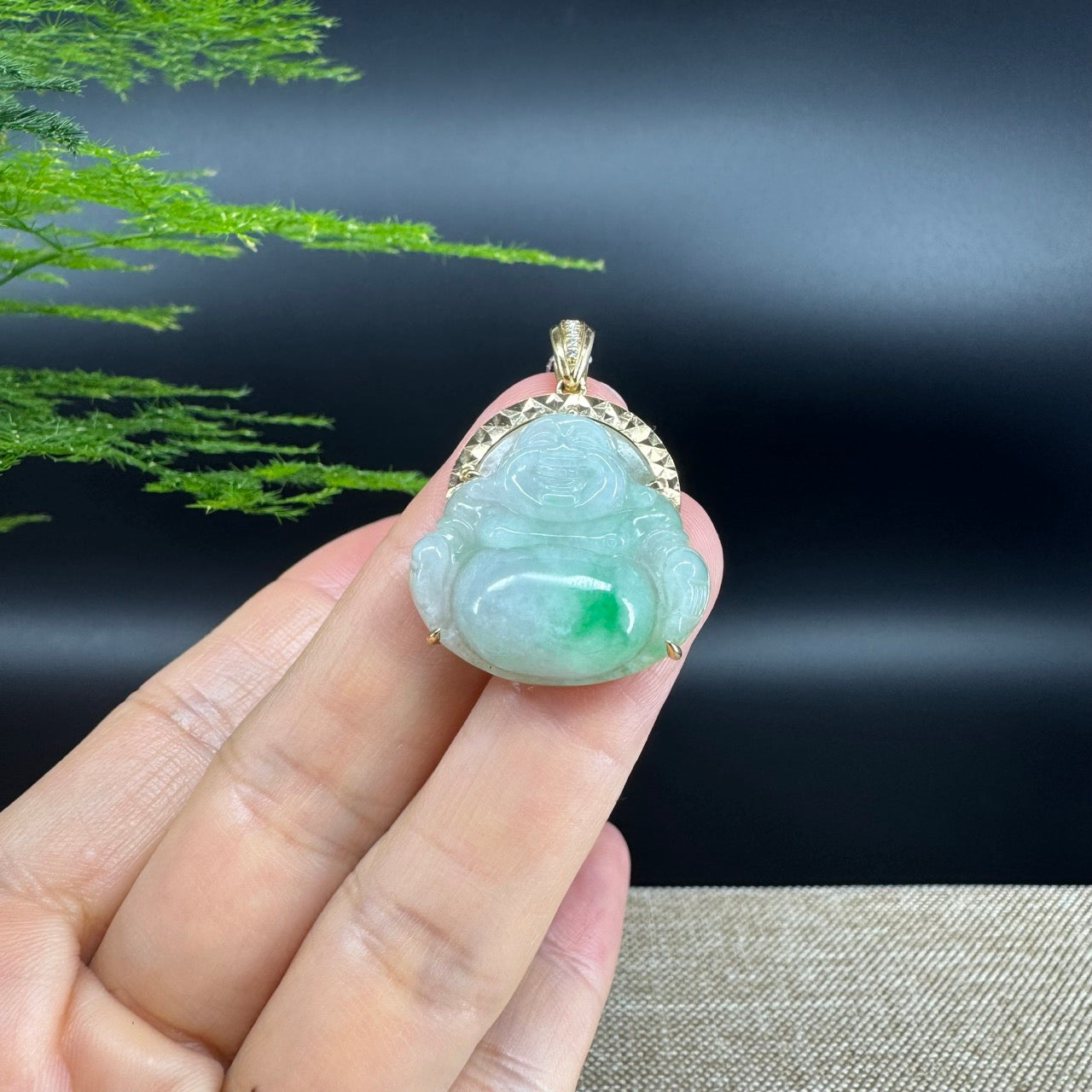 18K Yellow Gold Burmese Green Jadeite Jade Happy Buddha Pendant