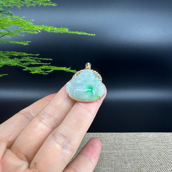 18K Yellow Gold Burmese Green Jadeite Jade Happy Buddha Pendant