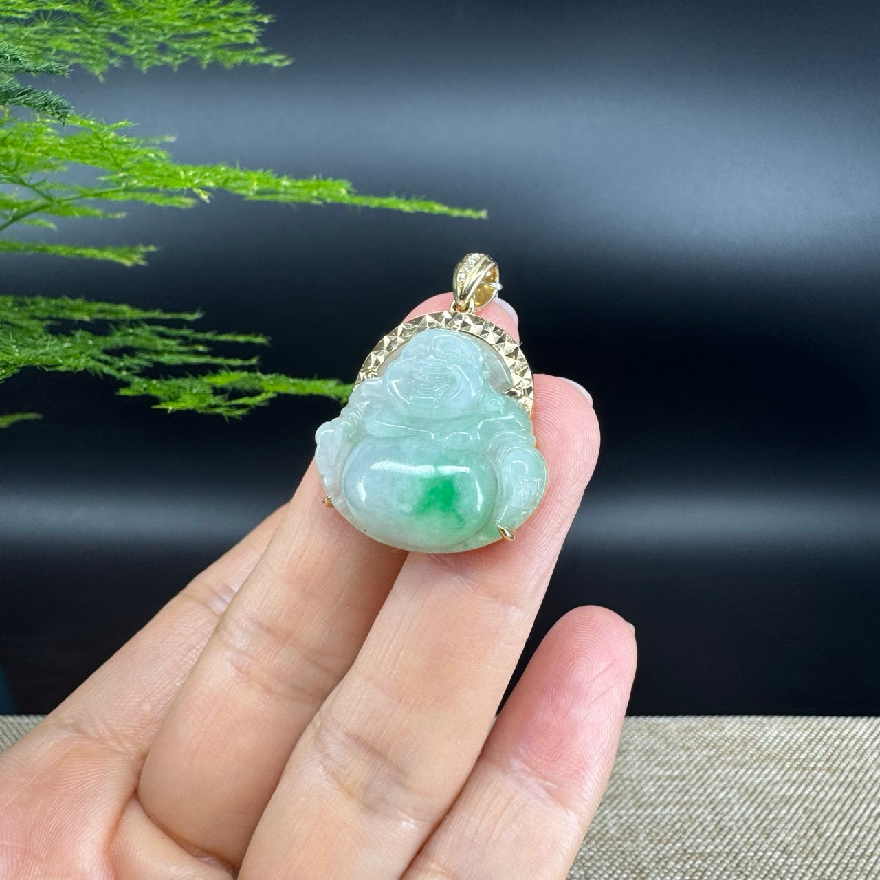 18K Yellow Gold Burmese Green Jadeite Jade Happy Buddha Pendant