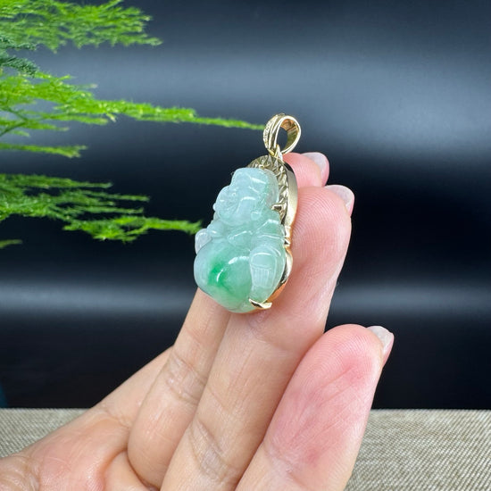 18K Yellow Gold Burmese Green Jadeite Jade Happy Buddha Pendant