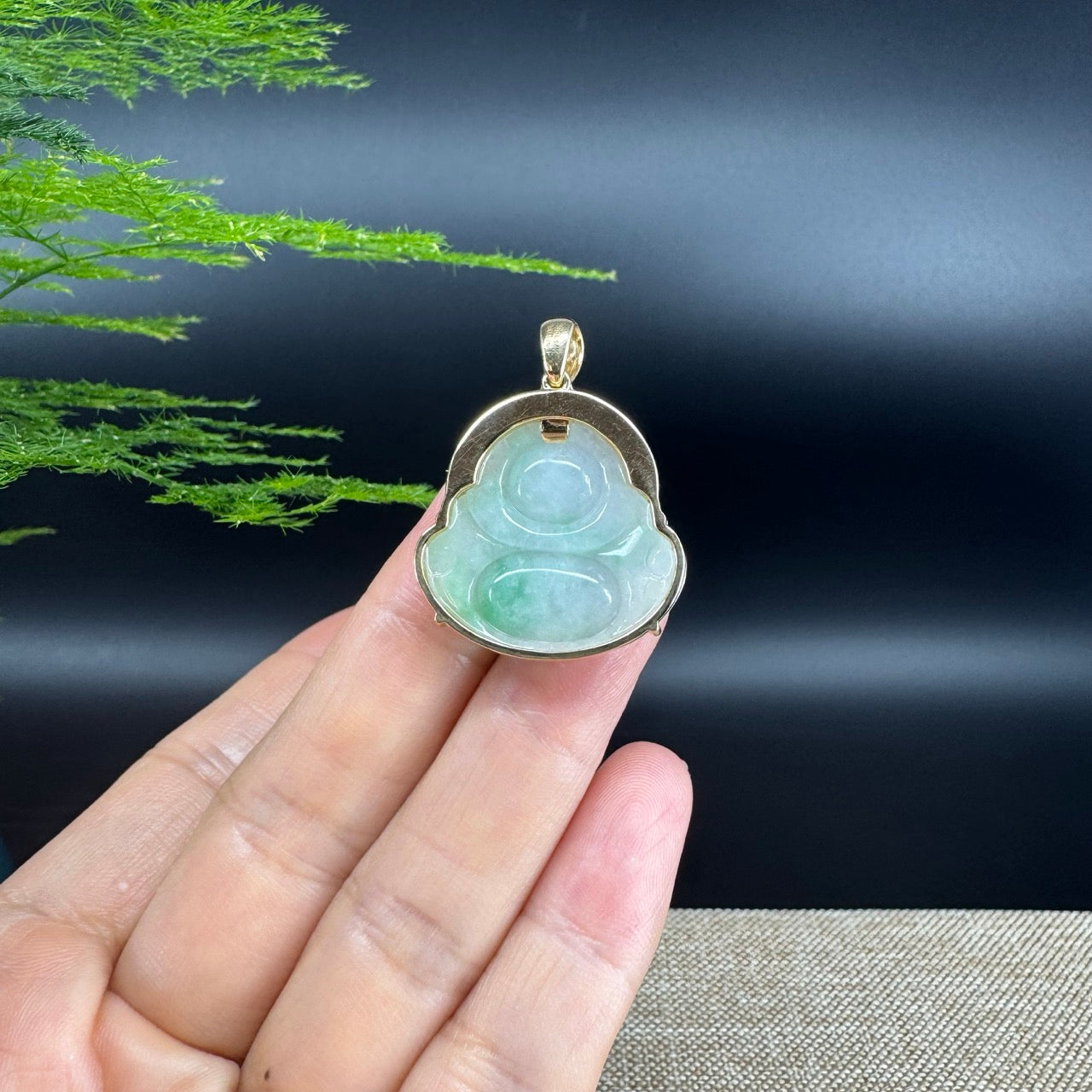 18K Yellow Gold Burmese Green Jadeite Jade Happy Buddha Pendant