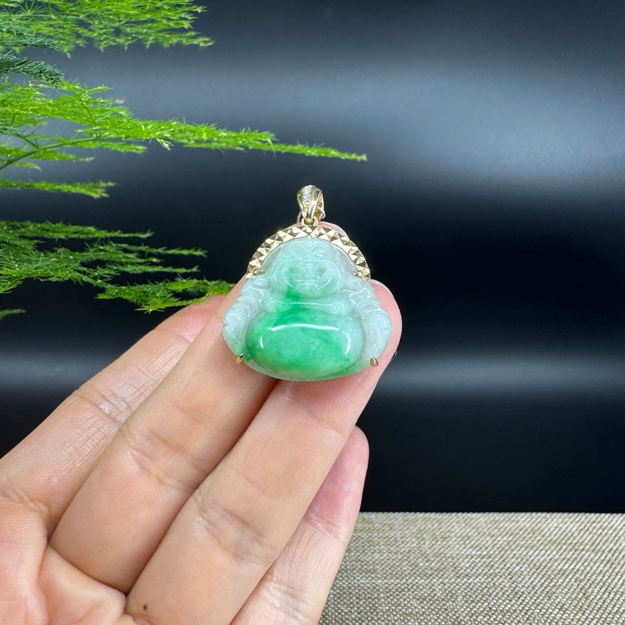 18K Yellow Gold Burmese Green Jadeite Jade Happy Buddha Pendant