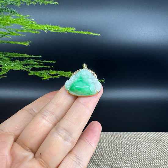 18K Yellow Gold Burmese Green Jadeite Jade Happy Buddha Pendant