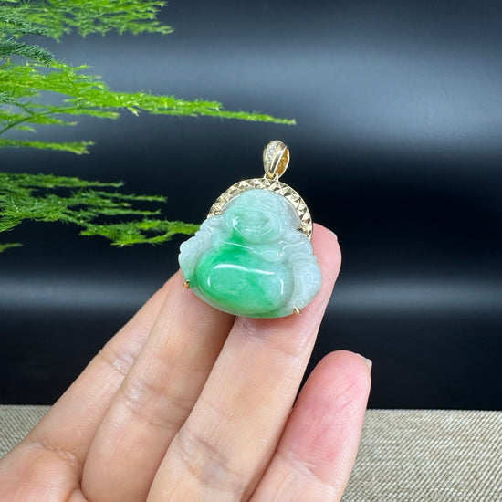 18K Yellow Gold Burmese Green Jadeite Jade Happy Buddha Pendant