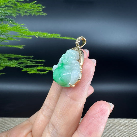 18K Yellow Gold Burmese Green Jadeite Jade Happy Buddha Pendant