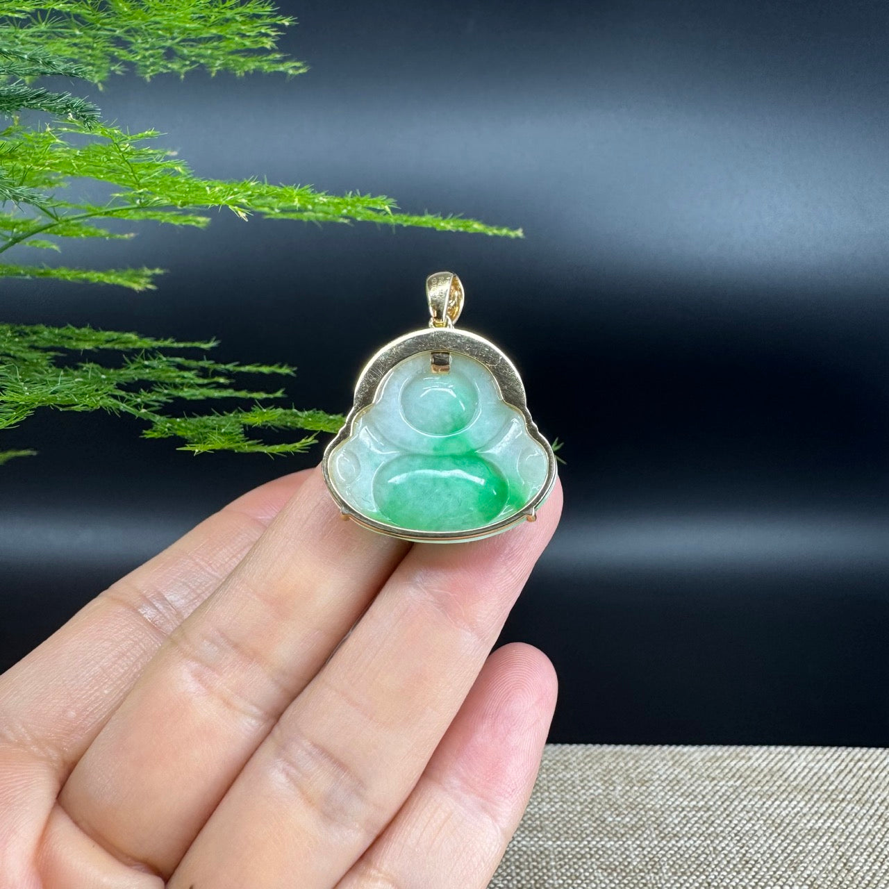 18K Yellow Gold Burmese Green Jadeite Jade Happy Buddha Pendant