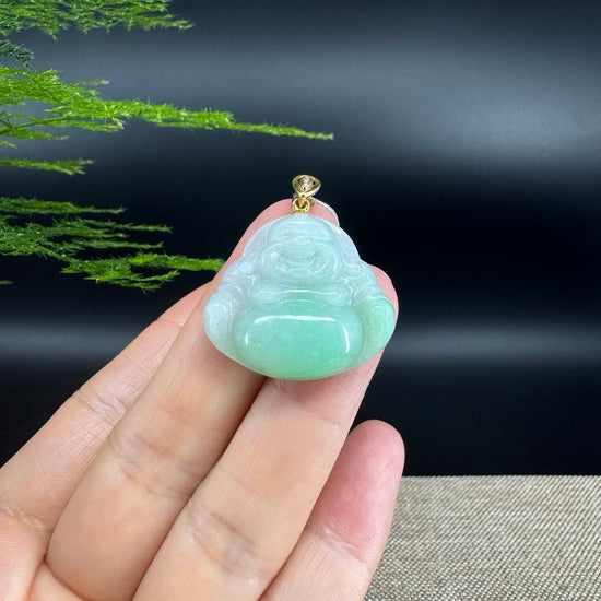 18K Yellow Gold Burmese Green Jadeite Jade Happy Buddha Pendant