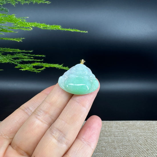 18K Yellow Gold Burmese Green Jadeite Jade Happy Buddha Pendant