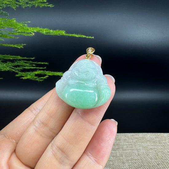18K Yellow Gold Burmese Green Jadeite Jade Happy Buddha Pendant