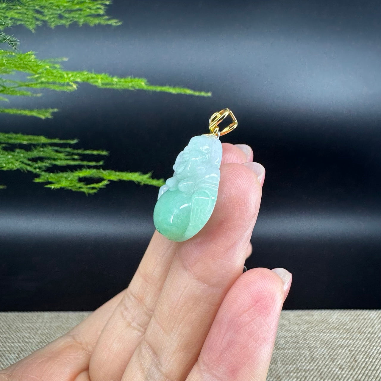 18K Yellow Gold Burmese Green Jadeite Jade Happy Buddha Pendant