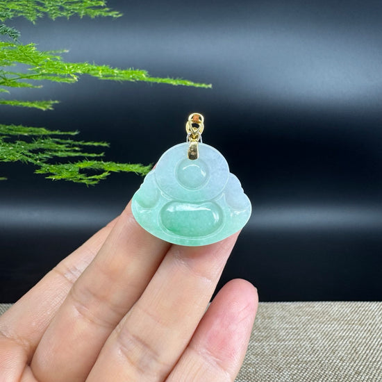 18K Yellow Gold Burmese Green Jadeite Jade Happy Buddha Pendant