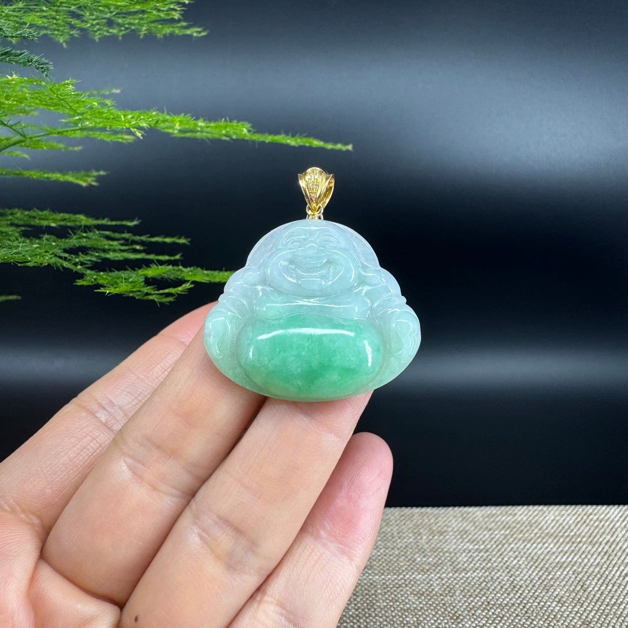 18K Yellow Gold Burmese Green Jadeite Jade Happy Buddha Pendant
