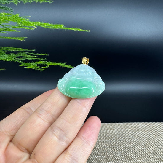 18K Yellow Gold Burmese Green Jadeite Jade Happy Buddha Pendant
