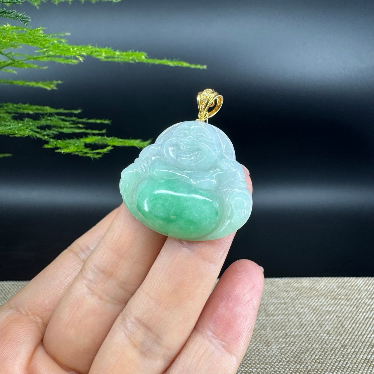 18K Yellow Gold Burmese Green Jadeite Jade Happy Buddha Pendant