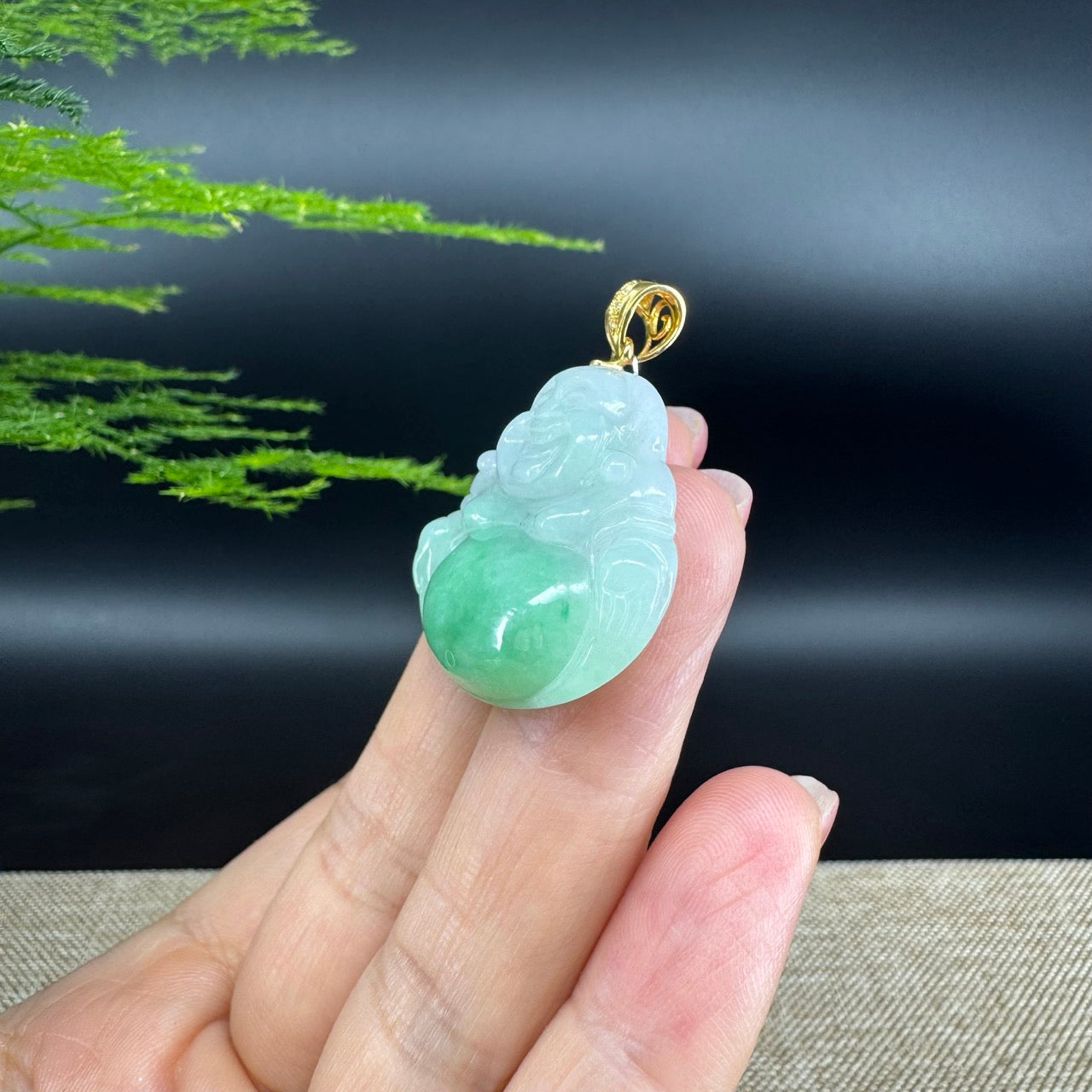 18K Yellow Gold Burmese Green Jadeite Jade Happy Buddha Pendant