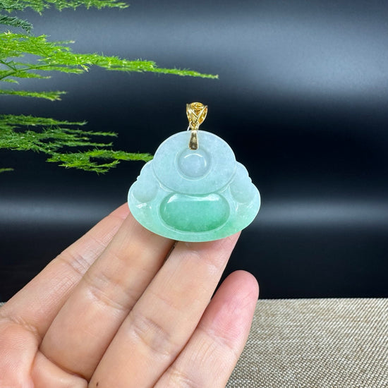 18K Yellow Gold Burmese Green Jadeite Jade Happy Buddha Pendant