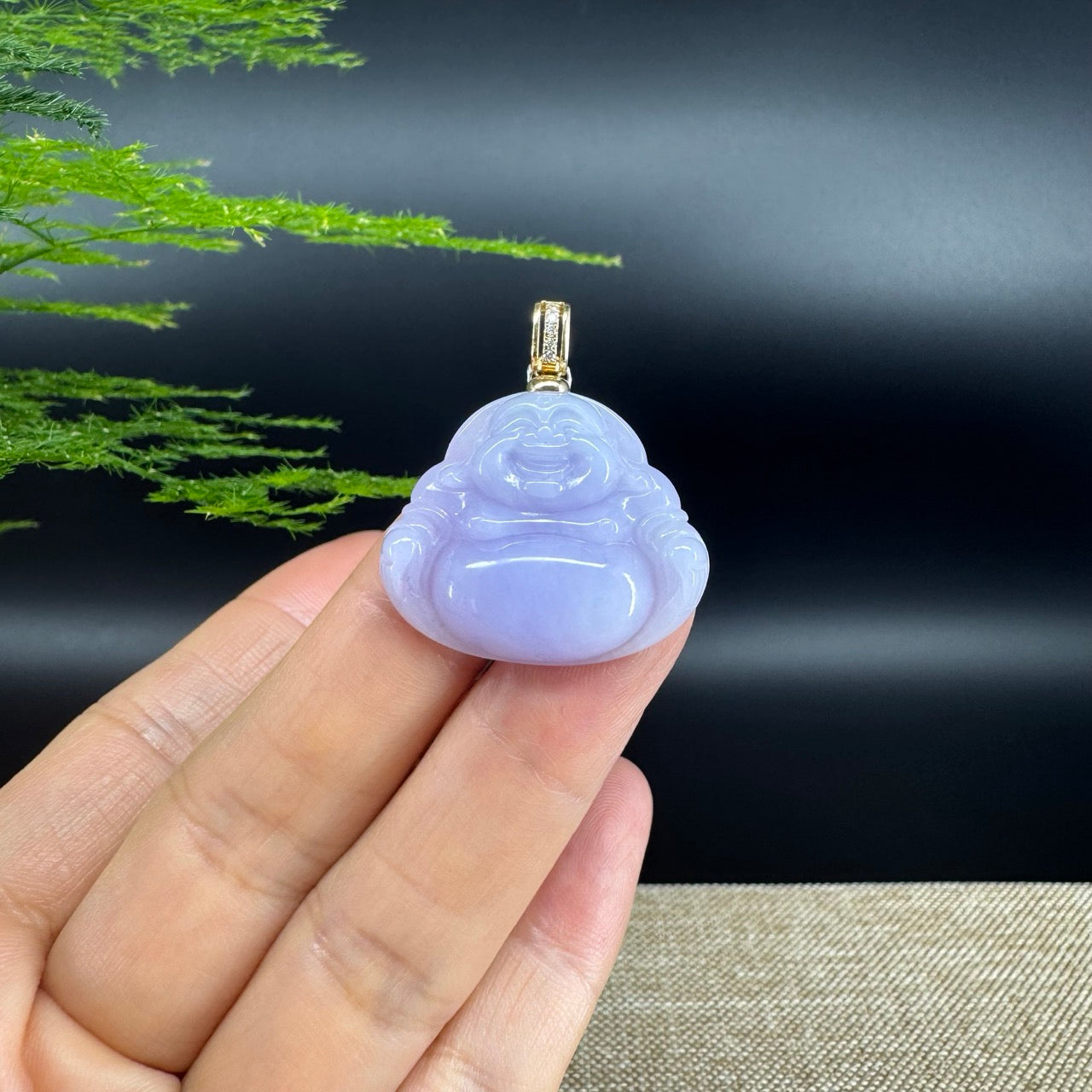 18K Yellow Gold Burmese Lavender Jadeite Jade Happy Buddha Pendant