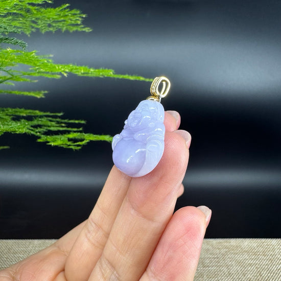 18K Yellow Gold Burmese Lavender Jadeite Jade Happy Buddha Pendant