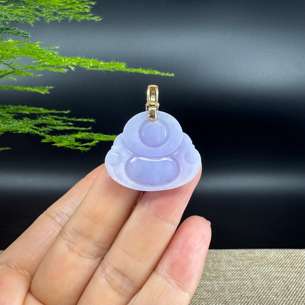 18K Yellow Gold Burmese Lavender Jadeite Jade Happy Buddha Pendant
