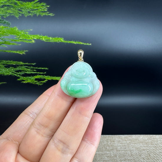 18K Yellow Gold Burmese Green Jadeite Jade Happy Buddha Pendant