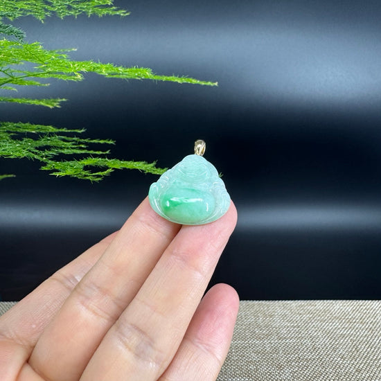 18K Yellow Gold Burmese Green Jadeite Jade Happy Buddha Pendant