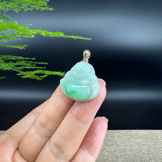 18K Yellow Gold Burmese Green Jadeite Jade Happy Buddha Pendant