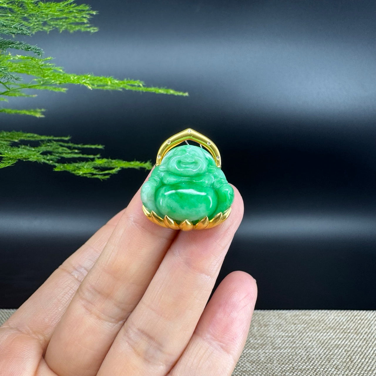 18K Yellow Gold Burmese Green Jadeite Jade Happy Buddha Pendant