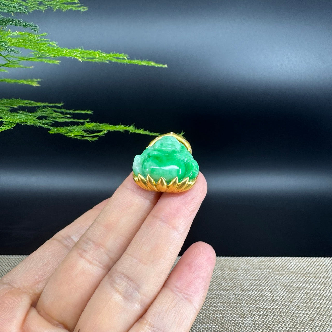 18K Yellow Gold Burmese Green Jadeite Jade Happy Buddha Pendant