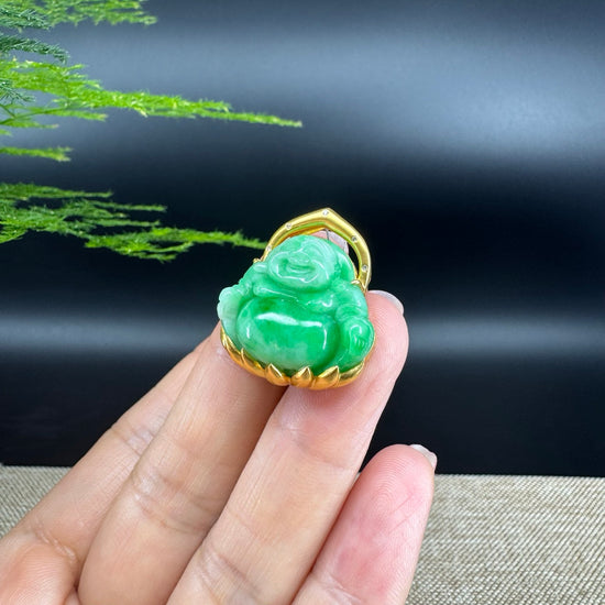18K Yellow Gold Burmese Green Jadeite Jade Happy Buddha Pendant