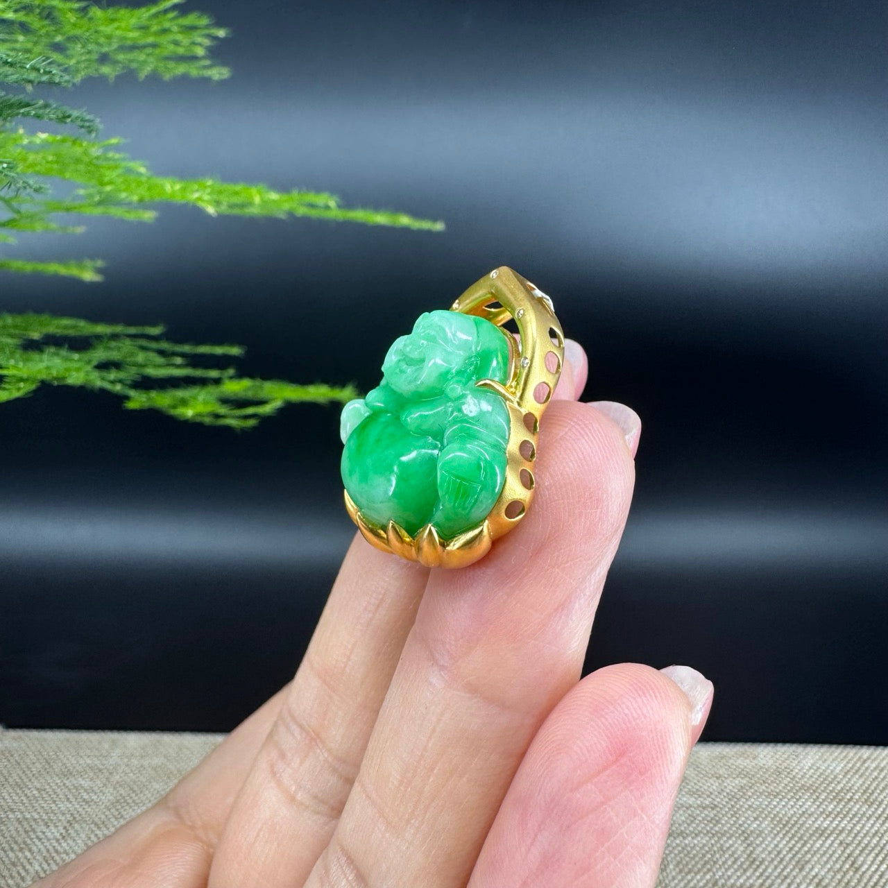 18K Yellow Gold Burmese Green Jadeite Jade Happy Buddha Pendant