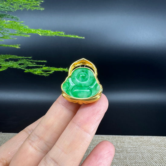 18K Yellow Gold Burmese Green Jadeite Jade Happy Buddha Pendant
