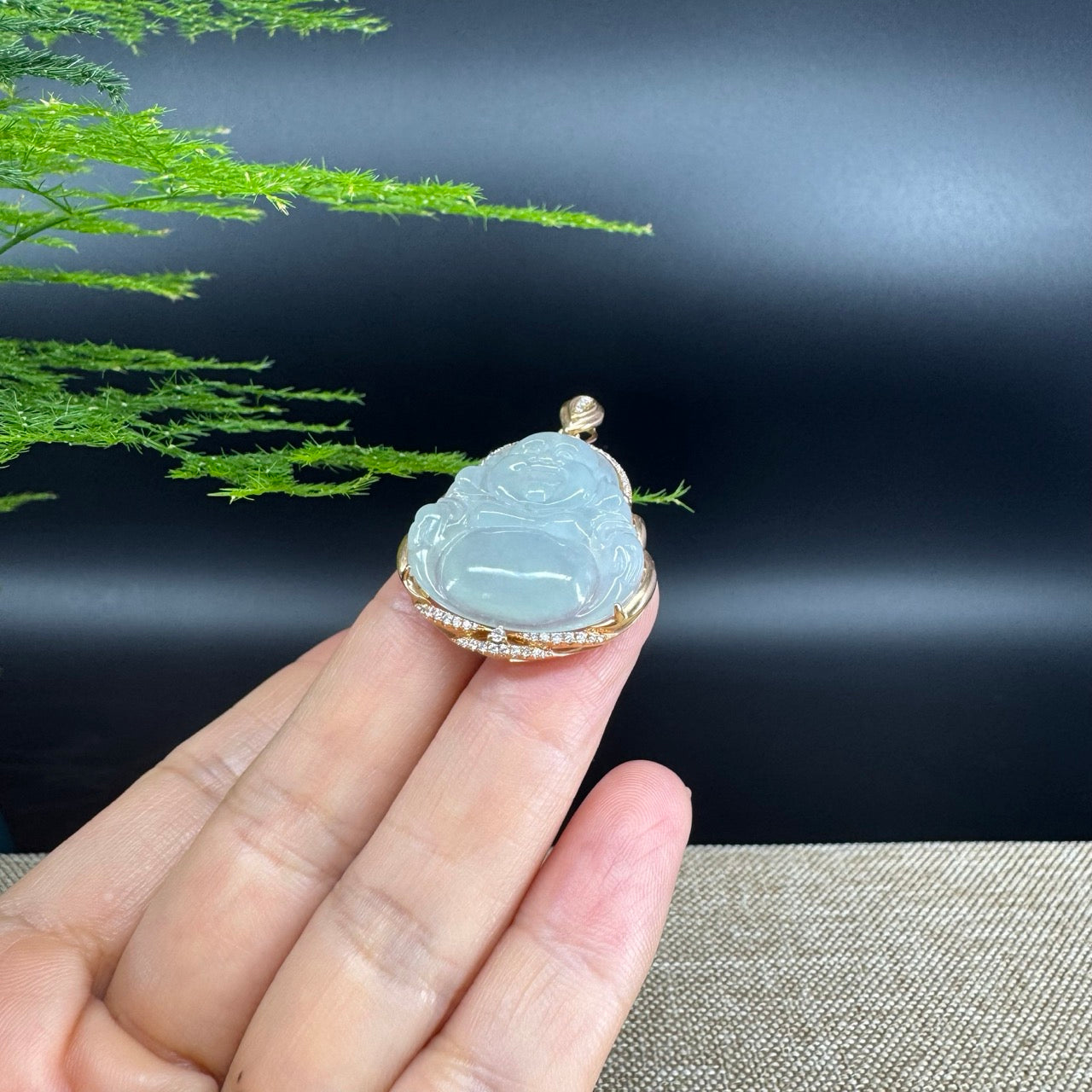 RealJade® "Laughing Buddha" 18k Rose Gold Genuine Ice Jadeite Jade Pendant