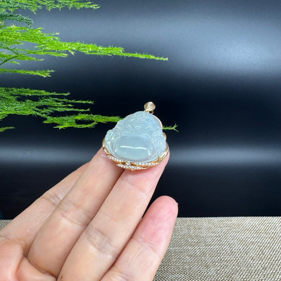 RealJade® "Laughing Buddha" 18k Rose Gold Genuine Ice Jadeite Jade Pendant