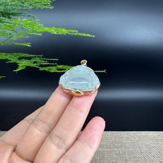 RealJade® "Laughing Buddha" 18k Rose Gold Genuine Ice Jadeite Jade Pendant