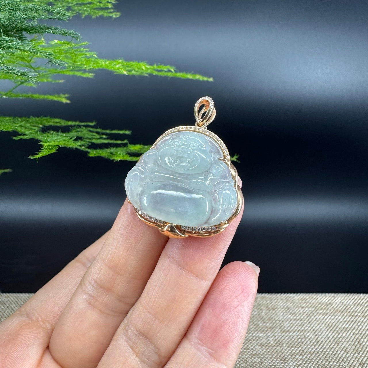 RealJade® "Laughing Buddha" 18k Rose Gold Genuine Ice Jadeite Jade Pendant