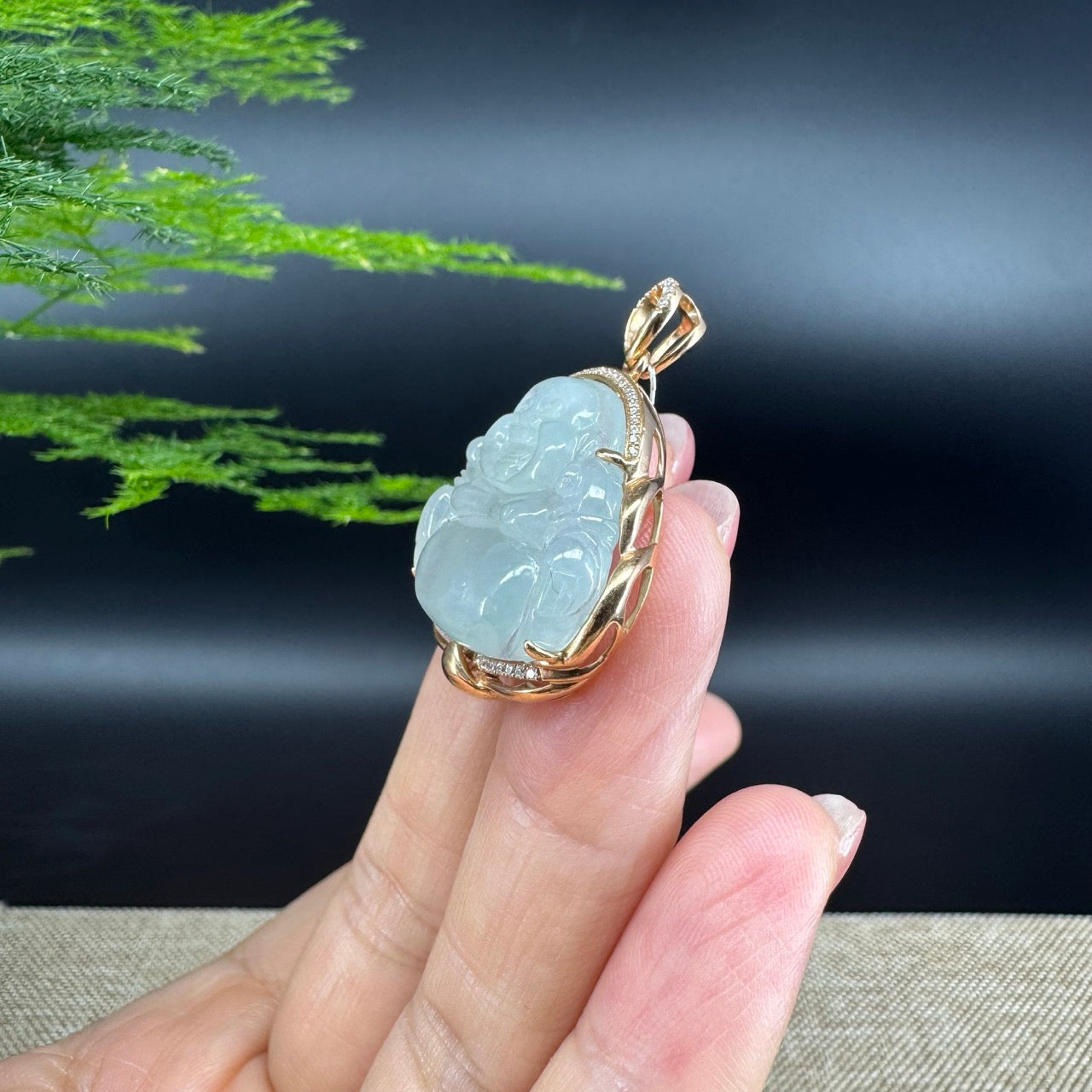 RealJade® "Laughing Buddha" 18k Rose Gold Genuine Ice Jadeite Jade Pendant