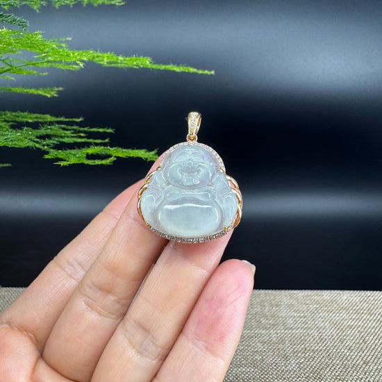 RealJade® "Laughing Buddha" 18k Rose Gold Genuine Ice Jadeite Jade Pendant