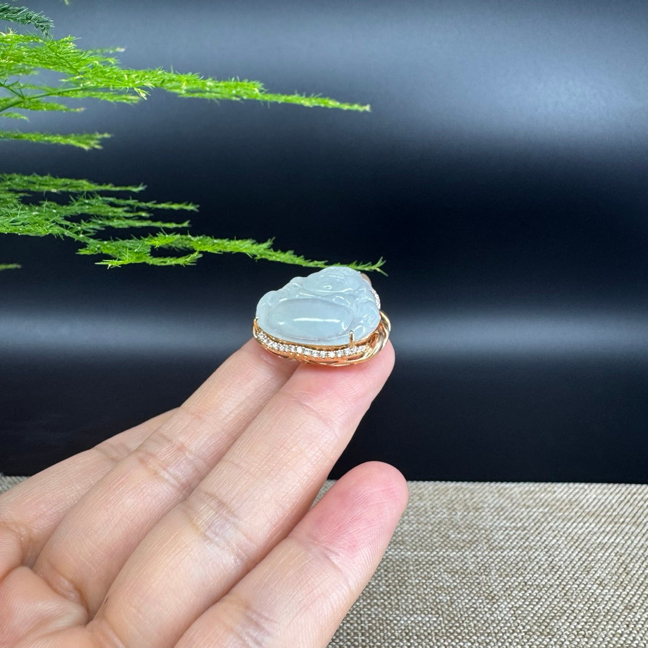 RealJade® "Laughing Buddha" 18k Rose Gold Genuine Ice Jadeite Jade Pendant