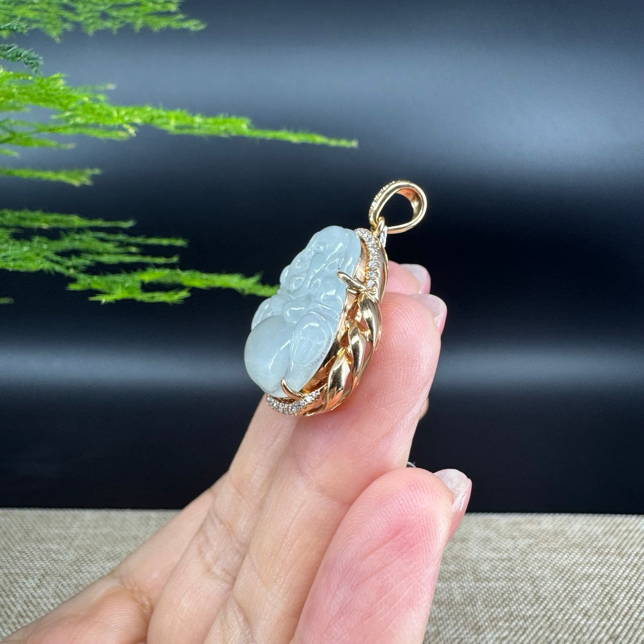 RealJade® "Laughing Buddha" 18k Rose Gold Genuine Ice Jadeite Jade Pendant