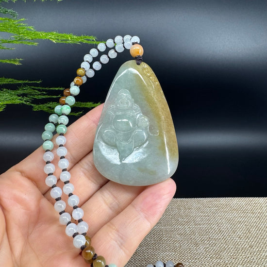 RealJade® Co.  Genuine Burmese Jadeite Jade Yellow Green Happy Buddha Pendant Necklace