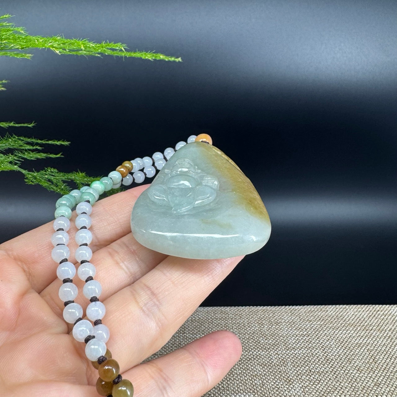 RealJade® Co.  Genuine Burmese Jadeite Jade Yellow Green Happy Buddha Pendant Necklace