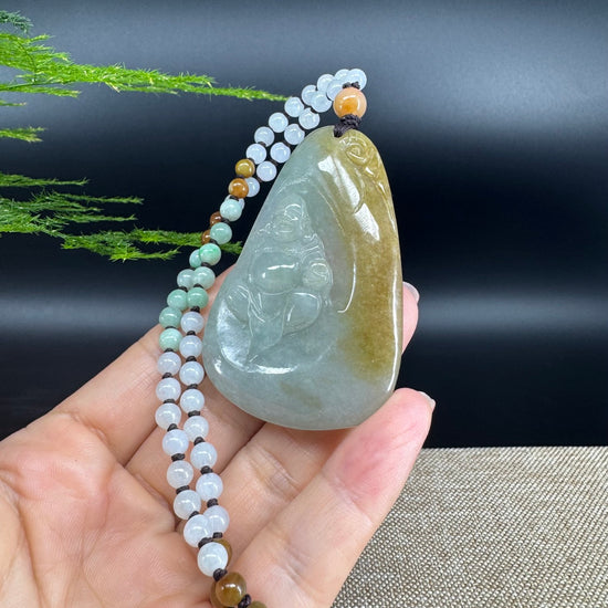 RealJade® Co.  Genuine Burmese Jadeite Jade Yellow Green Happy Buddha Pendant Necklace