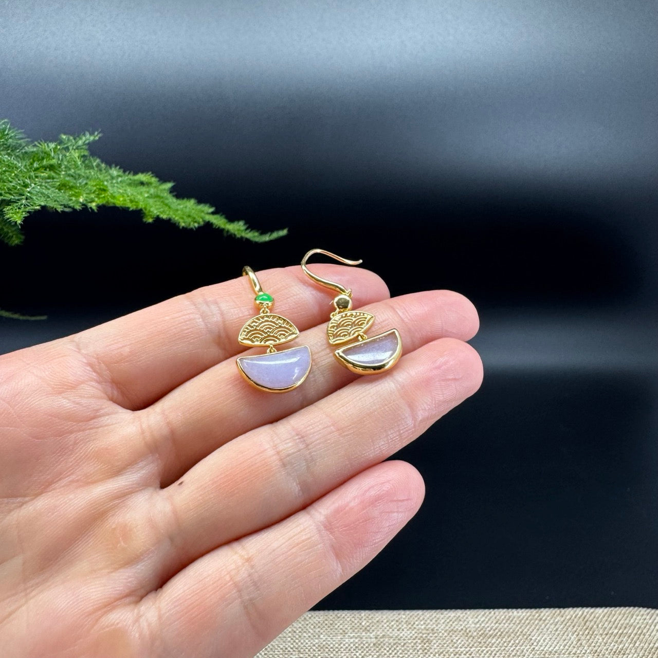 18k Yellow Gold Genuine Lavender Crescent Moon Jadeite Jade Earrings