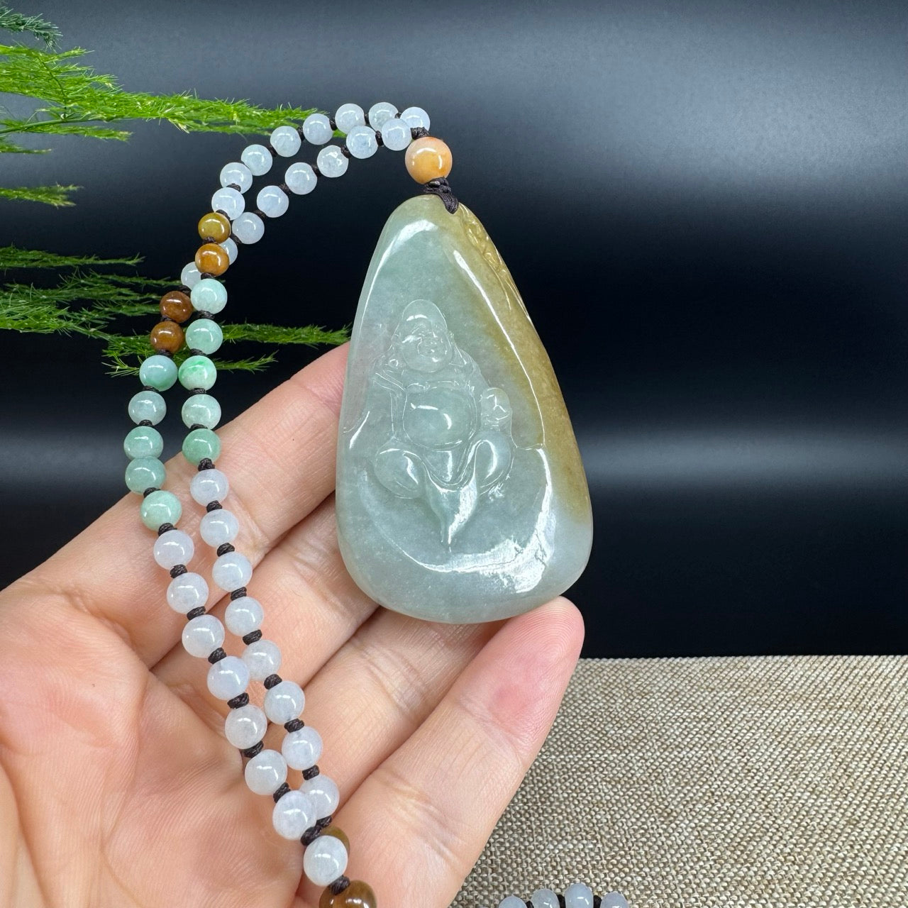 RealJade® Co.  Genuine Burmese Jadeite Jade Yellow Green Happy Buddha Pendant Necklace