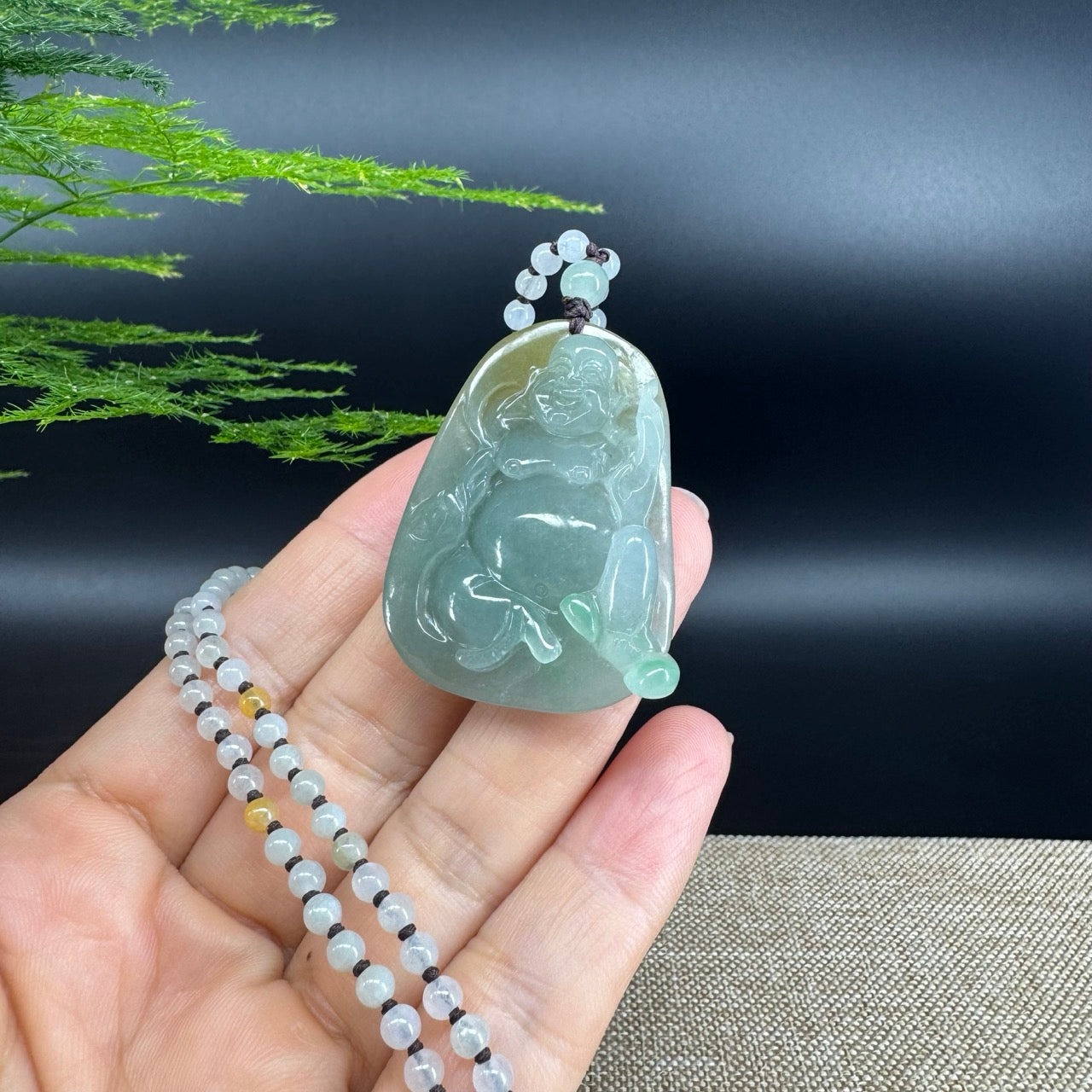 RealJade® Co.  Genuine Burmese Jadeite Jade Yellow Green Happy Buddha  Pendant Necklace