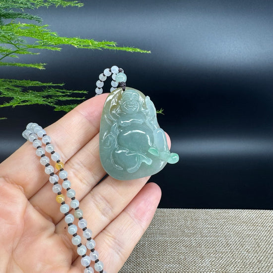 RealJade® Co.  Genuine Burmese Jadeite Jade Yellow Green Happy Buddha  Pendant Necklace